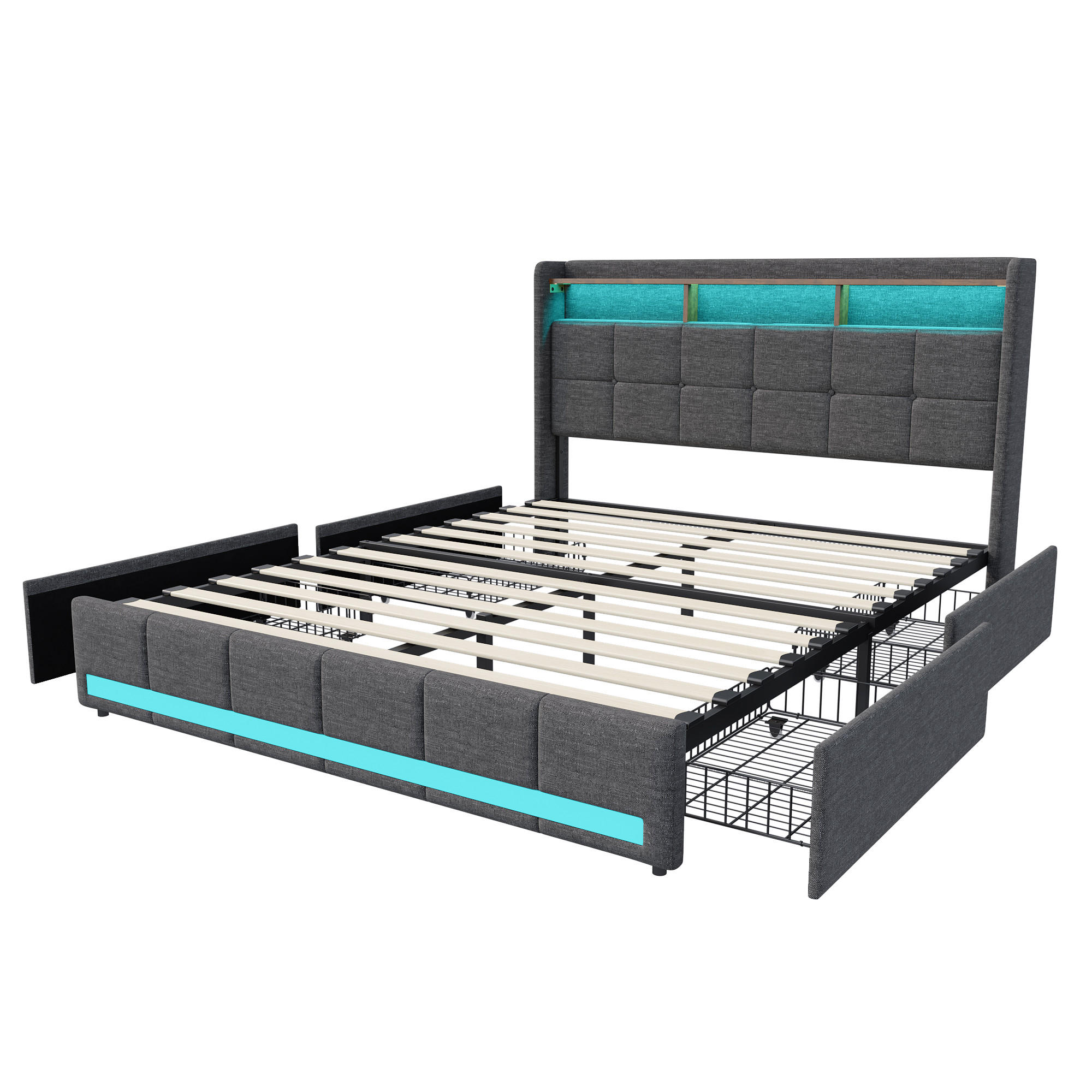 POLSTERBETT 160x200 cm, Grau, mit USB, LED-Beleuchtung - Grau, Textil/Metall (160/200cm)
