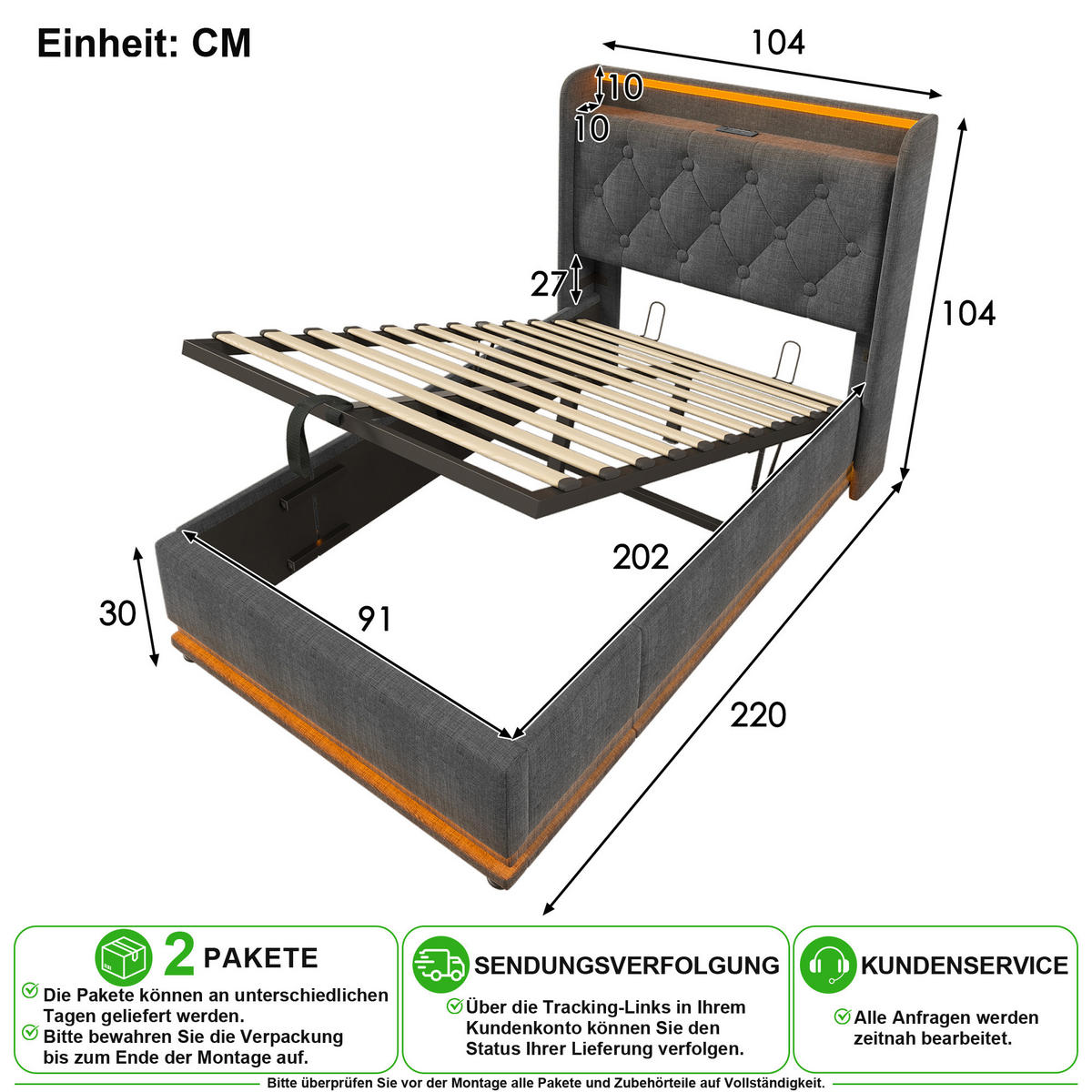 POLSTERBETT 90/200 cm in Grau mit Bettkasten, LED, USB und Type-C Leinen - Grau, Holzwerkstoff/Textil (90/200cm) - CHICFURN