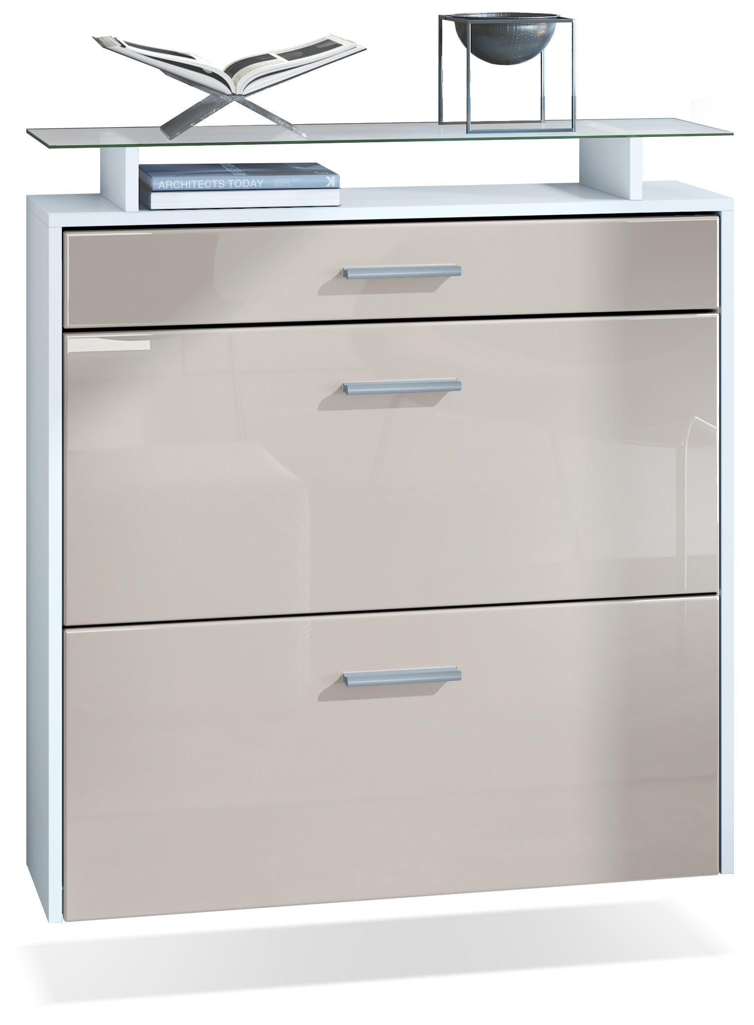 SCHUHSCHRANK Malea Front in Sandgrau Hochglanz - Sandfarben, Holzwerkstoff (89/96/23cm) - Vladon