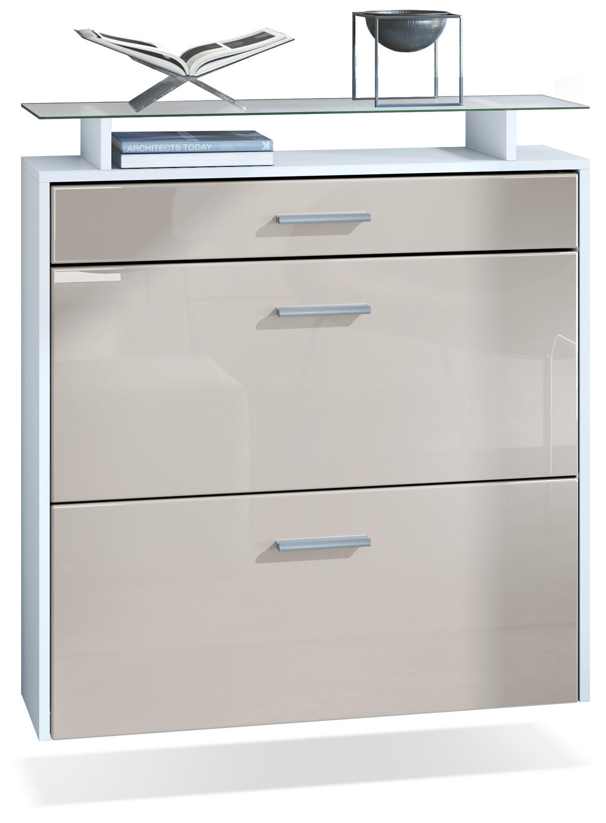 SCHUHSCHRANK Malea Front in Sandgrau Hochglanz - Sandfarben, Holzwerkstoff (89/96/23cm) - Vladon