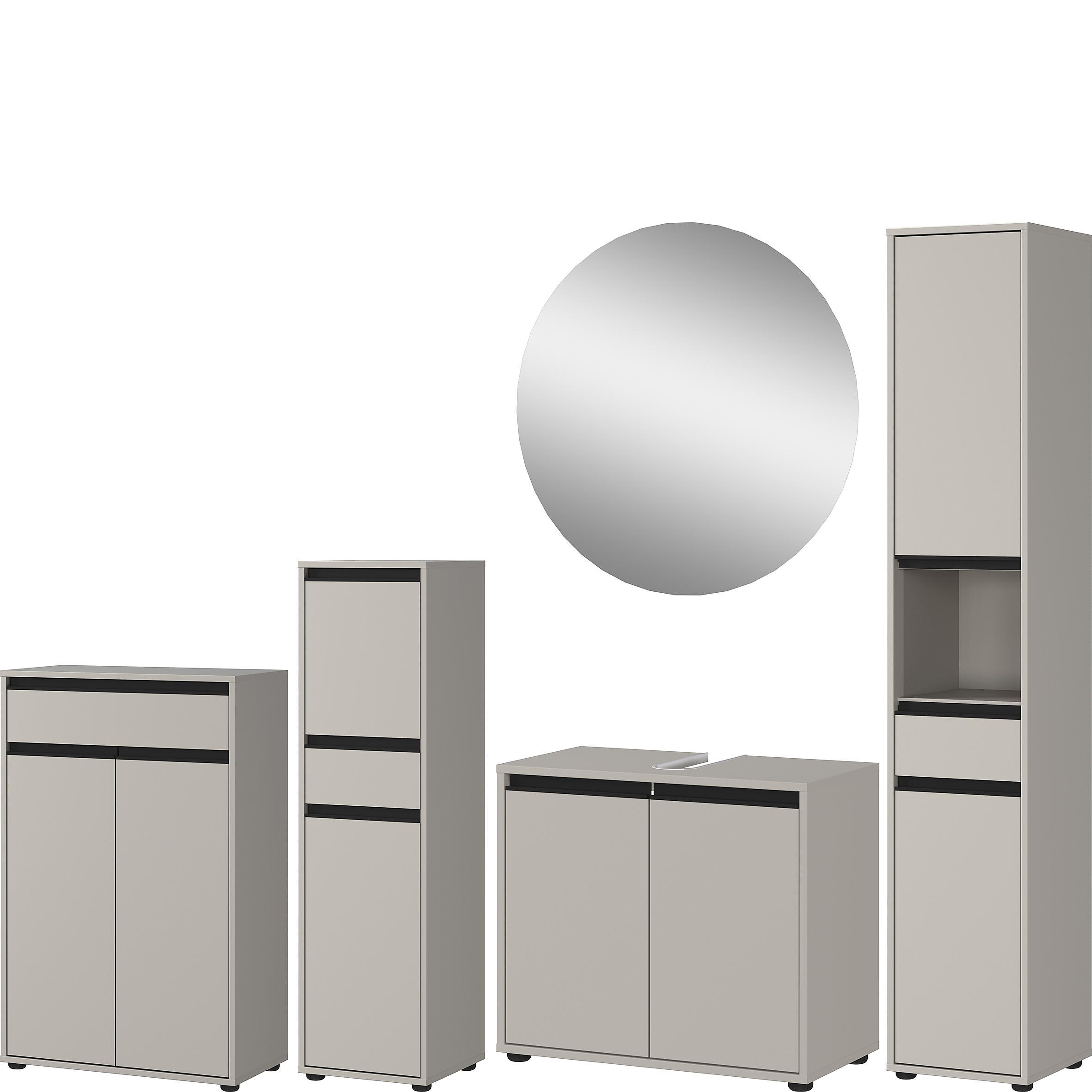 BADMÖBEL-SET HAMBURG 5-teilig XXL | Hochschrank, Unterschrank, Midischrank, Badkommode, Runder Spiegel | Soft-Close & Matt | Steingrau - Grau, Holzwerkstoff (192/181/34cm) - KADIMA DESIGN