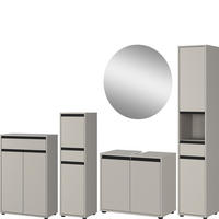 BADMÖBEL-SET HAMBURG 5-teilig XXL | Hochschrank, Unterschrank, Midischrank, Badkommode, Runder Spiegel | Soft-Close & Matt | Steingrau - Grau, Holzwerkstoff (192/181/34cm) - KADIMA DESIGN