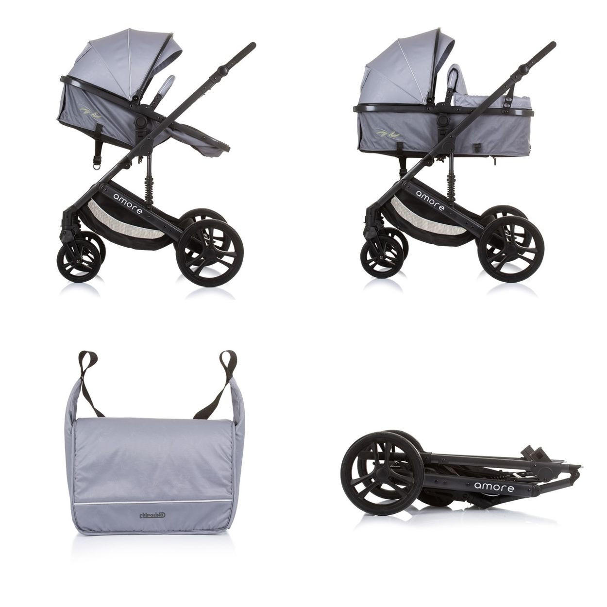 KOMBIKINDERWAGEN 2 in 1 Amore grau Getränkehalter Wickeltasche Fußabdeckung Korb - Grau, Metall (95/63/105cm) - Chipolino