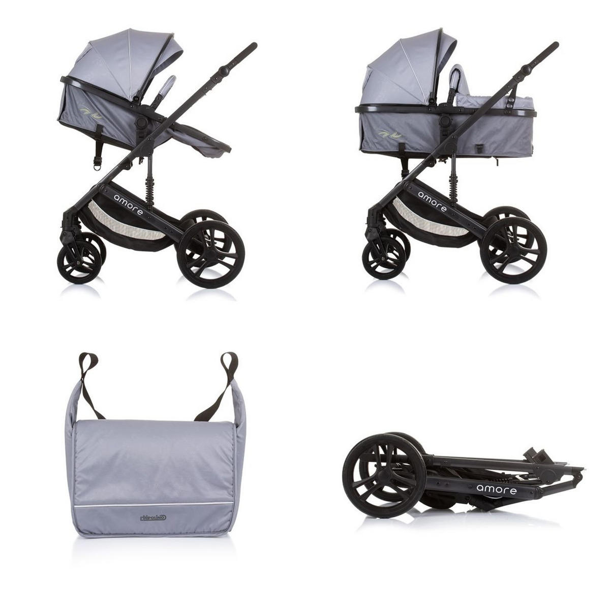 KOMBIKINDERWAGEN 2 in 1 Amore grau Getränkehalter Wickeltasche Fußabdeckung Korb - Grau, Metall (95/63/105cm) - Chipolino