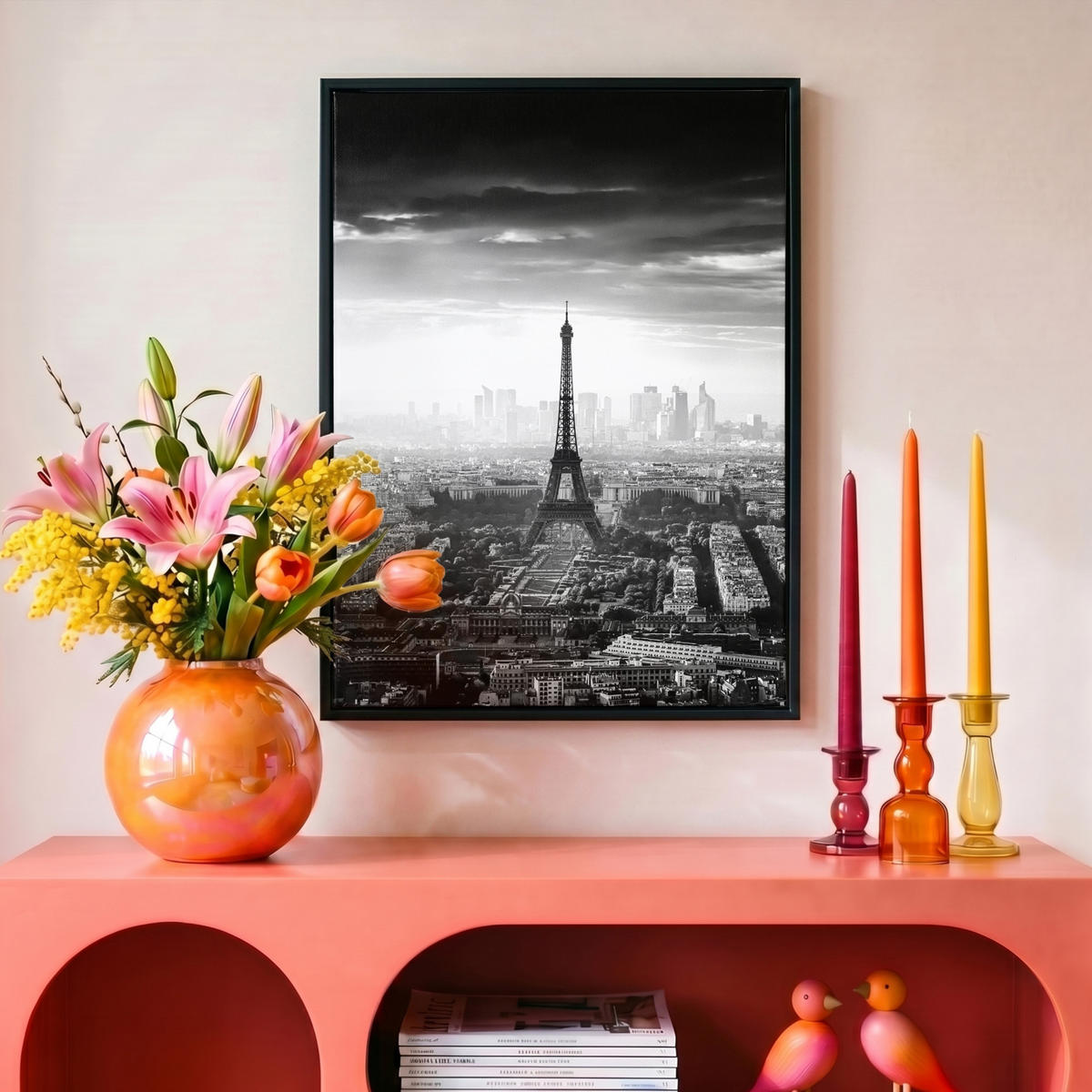 LEINWAND Bilder mit Rahmen - Paris - Skyline - Eiffelturm - Stadt - Wolken - 30x40 - Dunkelgrau, Textil (30/40cm) - MuchoWow
