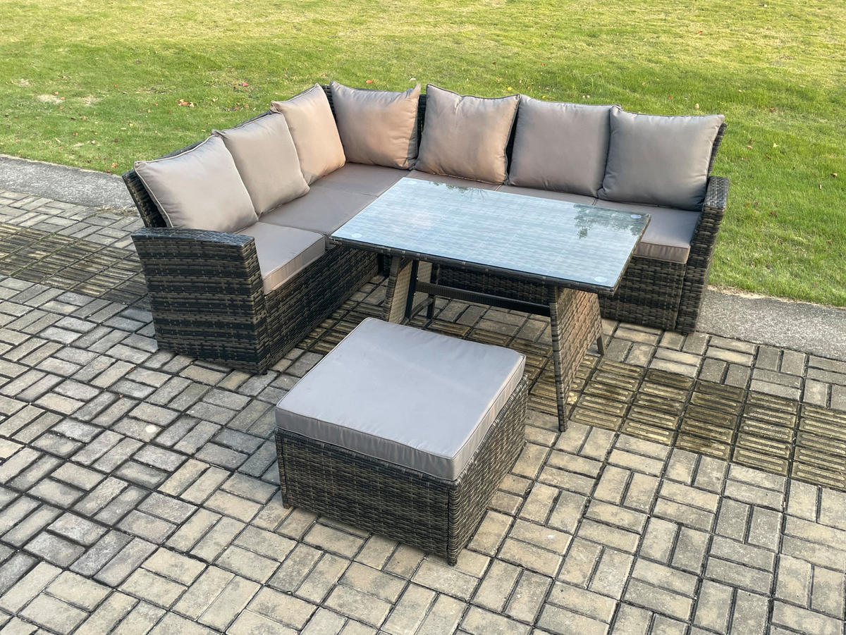 GARTENLOUNGE mit Ecksofa Polyrattan Dunkelgrau 7-Sitzer - Dunkelgrau/Grau, Glas/Kunststoff - Fimous