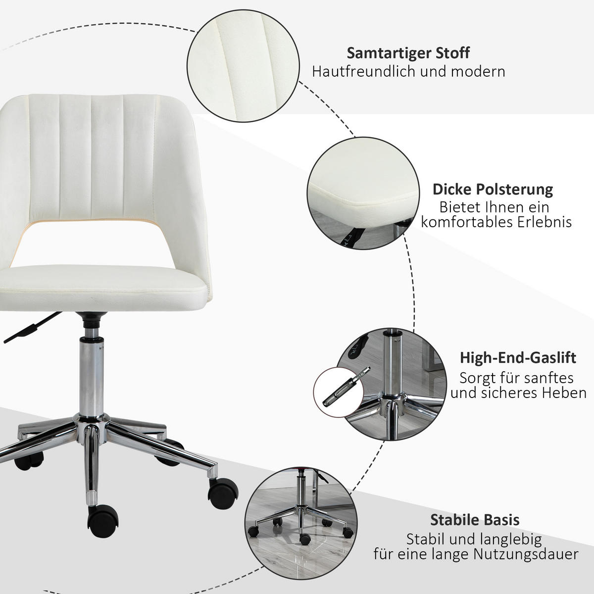 HÖHENVERSTELLBARER Schreibtischstuhl mit Rollen, 360° drehbar, Jakobsmuschel-Form, Schaumstoff, 49 x 60 x 79-91 cm, Cremeweiß - Creme, Textil (60/91/49cm)