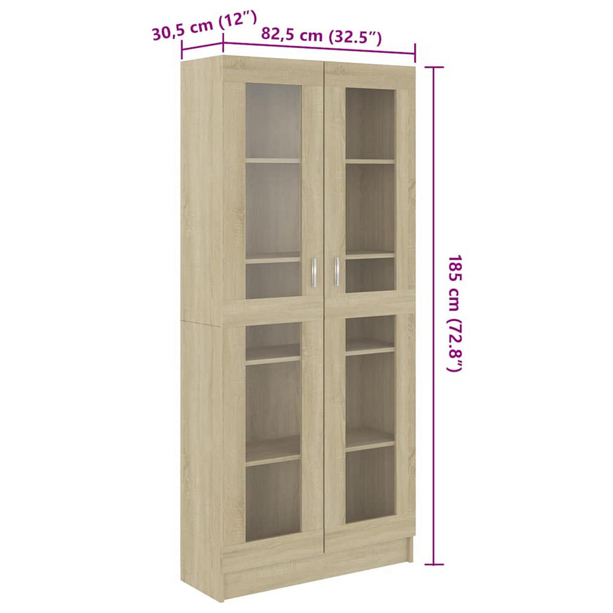 VITRINENSCHRANK mit 5 Fächern, 2 Glastüren 82,5/30,5/185 cm aus Holzwerkstoff Sonoma-Eiche Dekor - Sonoma Eiche, Holz (82.5/185/30.5cm) - vidaXL