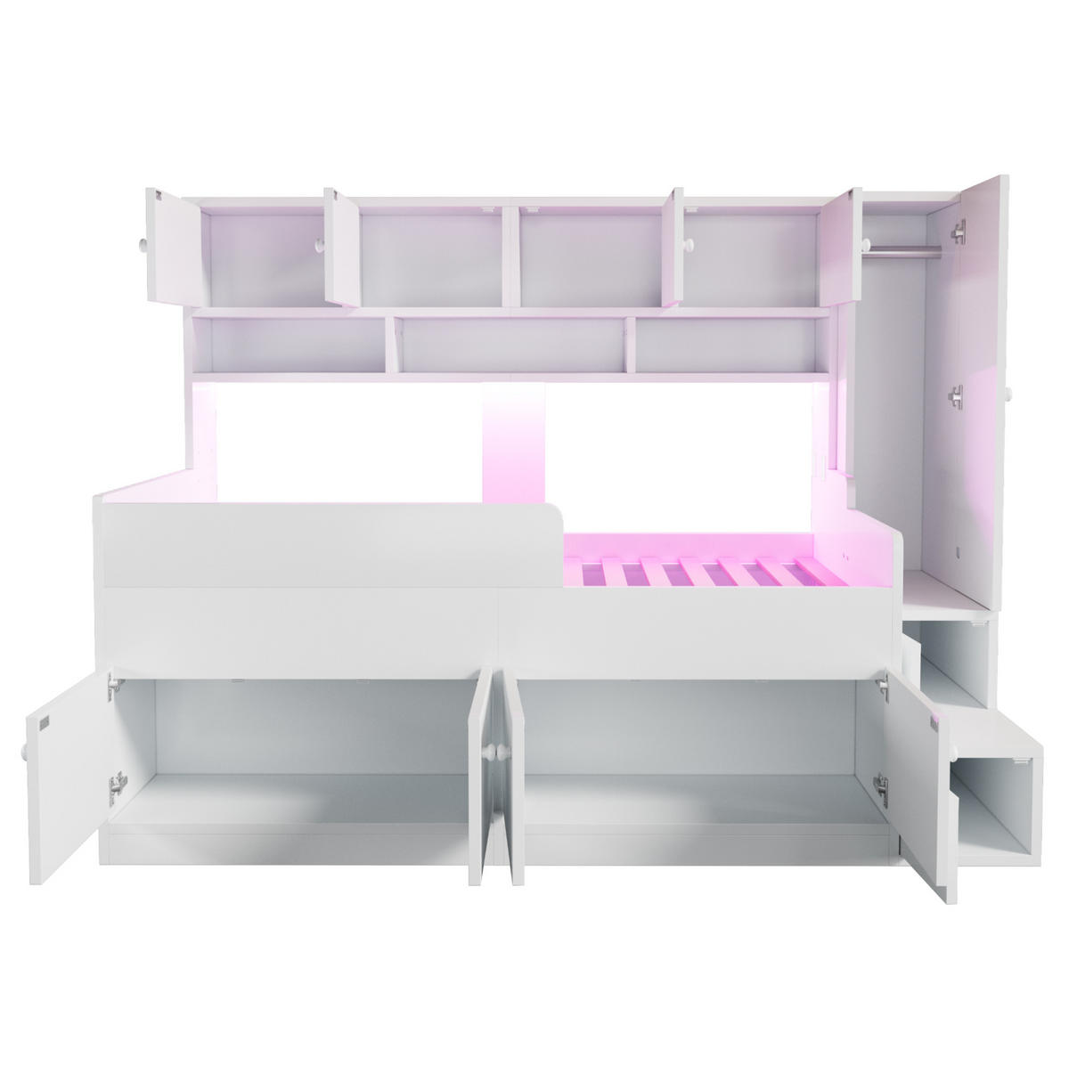 KINDERBETT 90/200 cm weiß aus Holz mit Stauraum, Schrank und LED - Weiß, Holzwerkstoff (90/200cm) - OKWISH