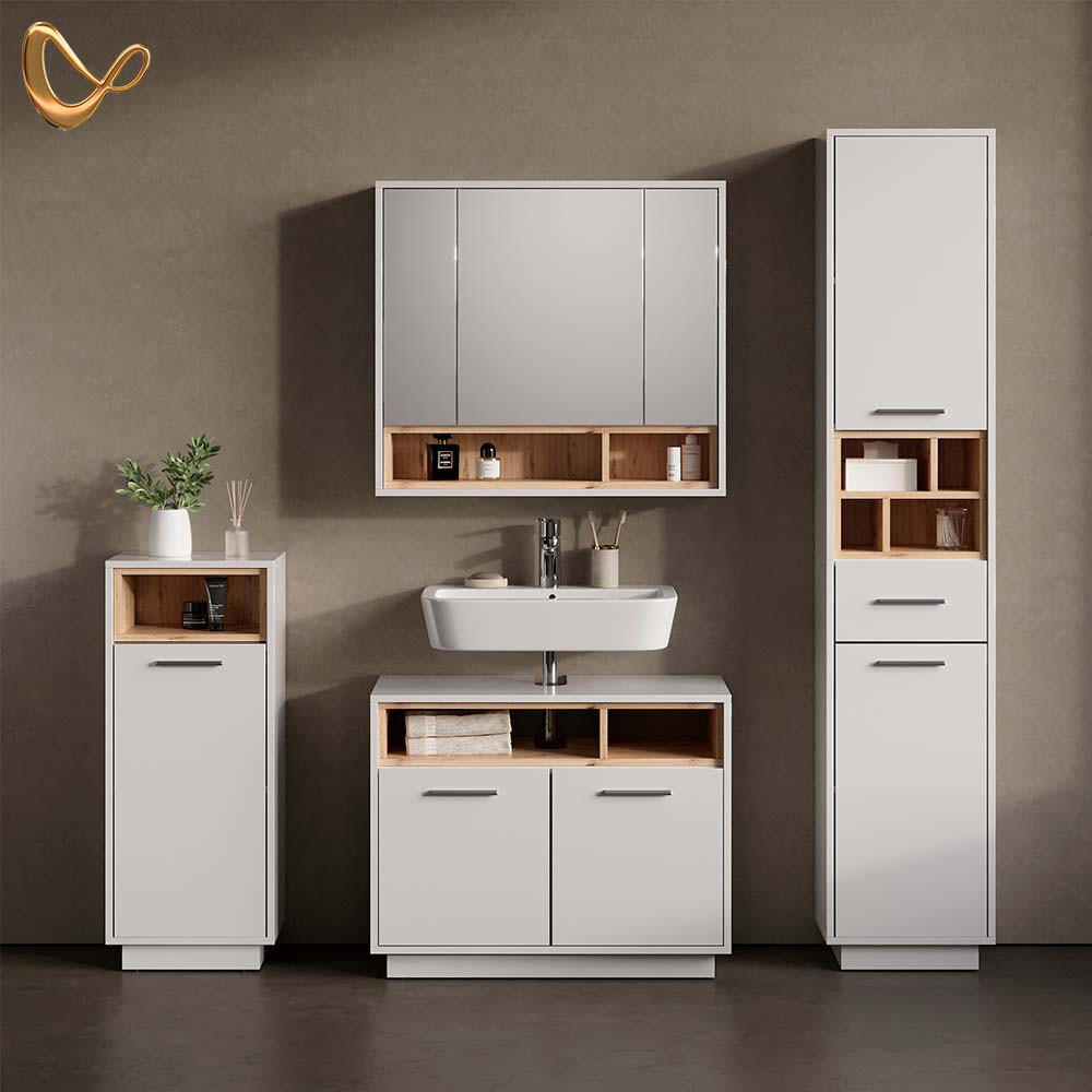 BADMÖBEL-SET Temo Weiß 4 Teile - Weiß/Sonoma Eiche, Holzwerkstoff (80/93/40cm) - Livinity®