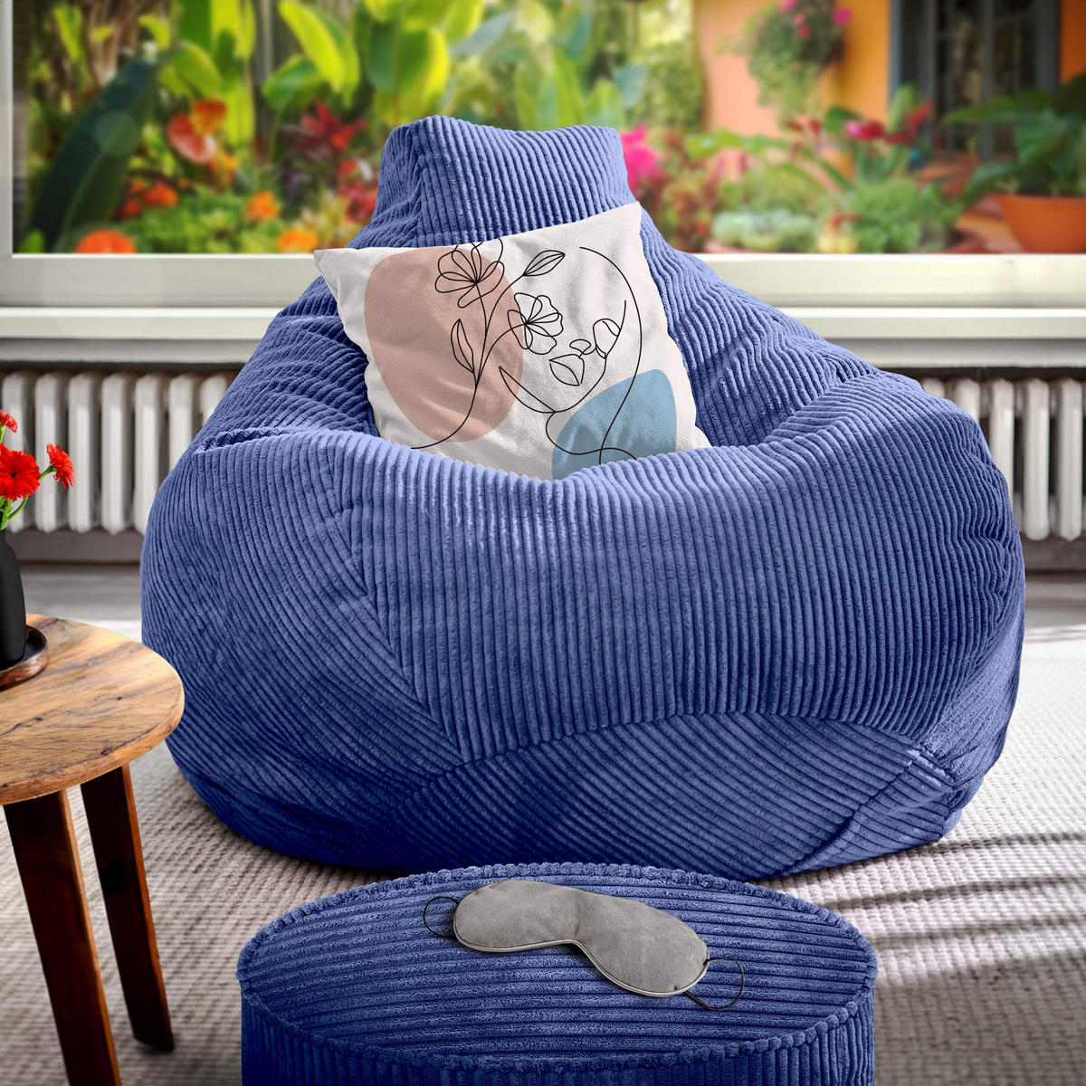 LOUNGE-SITZSACK Cozy + Fußhocker - Dunkelblau, Textil (80/90/90cm) - Green Bean