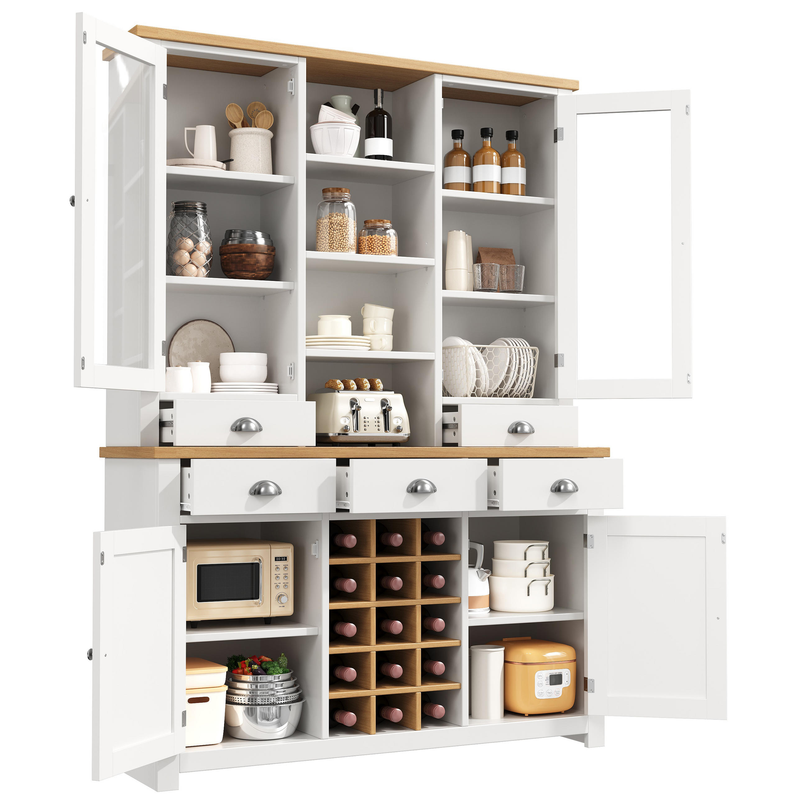 BUFFET Multifunktionaler Küchenschrank mit Glastür, Weinregal & Kippsicherung Weiß Groß Holzwerkstoff - Weiß, Glas/Holzwerkstoff (120/185/40cm) - EVRYAE