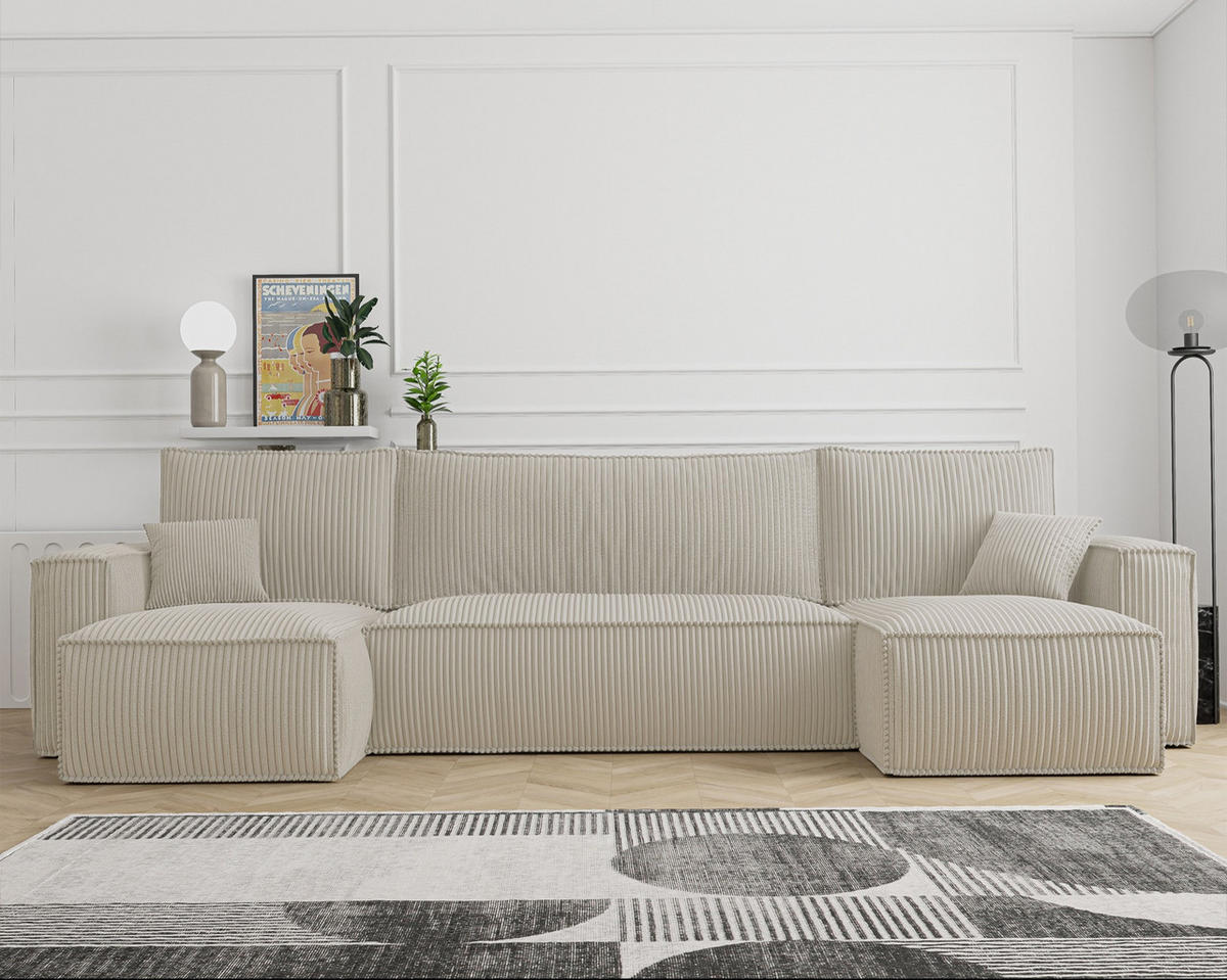 WOHNLANDSCHAFT Scarlo Hellbeige Cordbezug - Ecru/Schwarz, Kunststoff/Textil (244/83/145cm) - Selsey