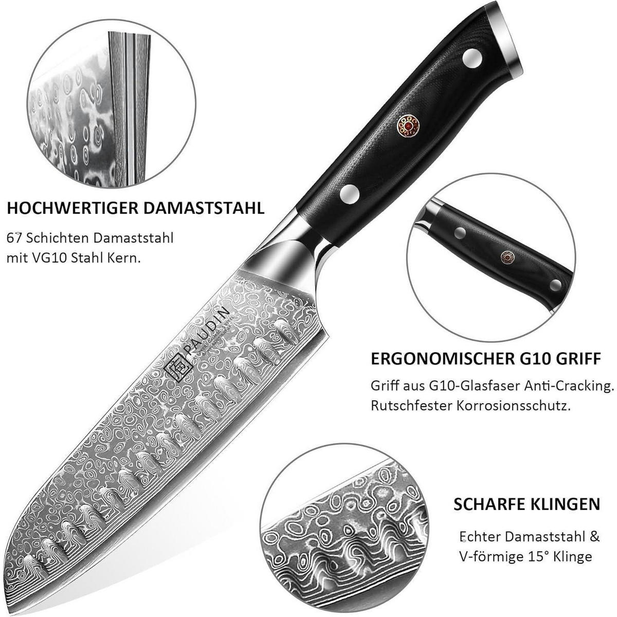 KÜCHENMESSER-SET 3-teilig Damaststahl VG10 Kern G10 Griff - Silberfarben, Metall