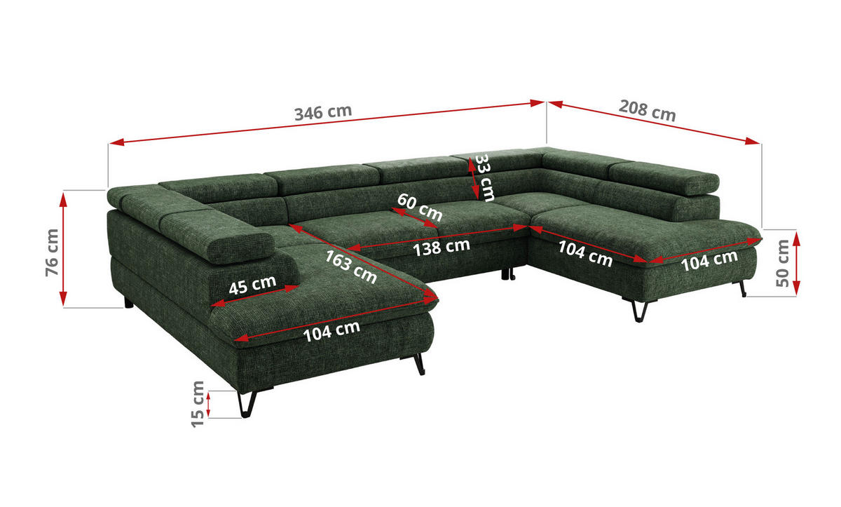 WOHNLANDSCHAFT PABLO U Schenille grob gewebt Dunkelgrün mit Topper Visco - Dunkelgrün/Schwarz, Textil/Metall (346/76/208cm) - MKS