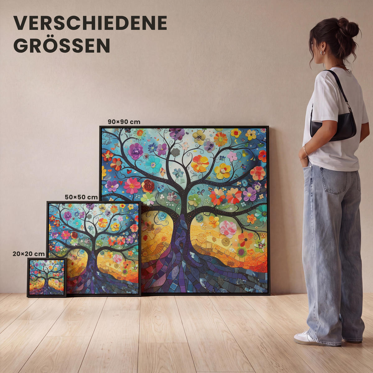 LEINWAND Bilder mit Rahmen - Kunst - Baum des Lebens - Blumen - Hippie - 20x20 - Dunkelblau, Textil (20/20cm) - MuchoWow