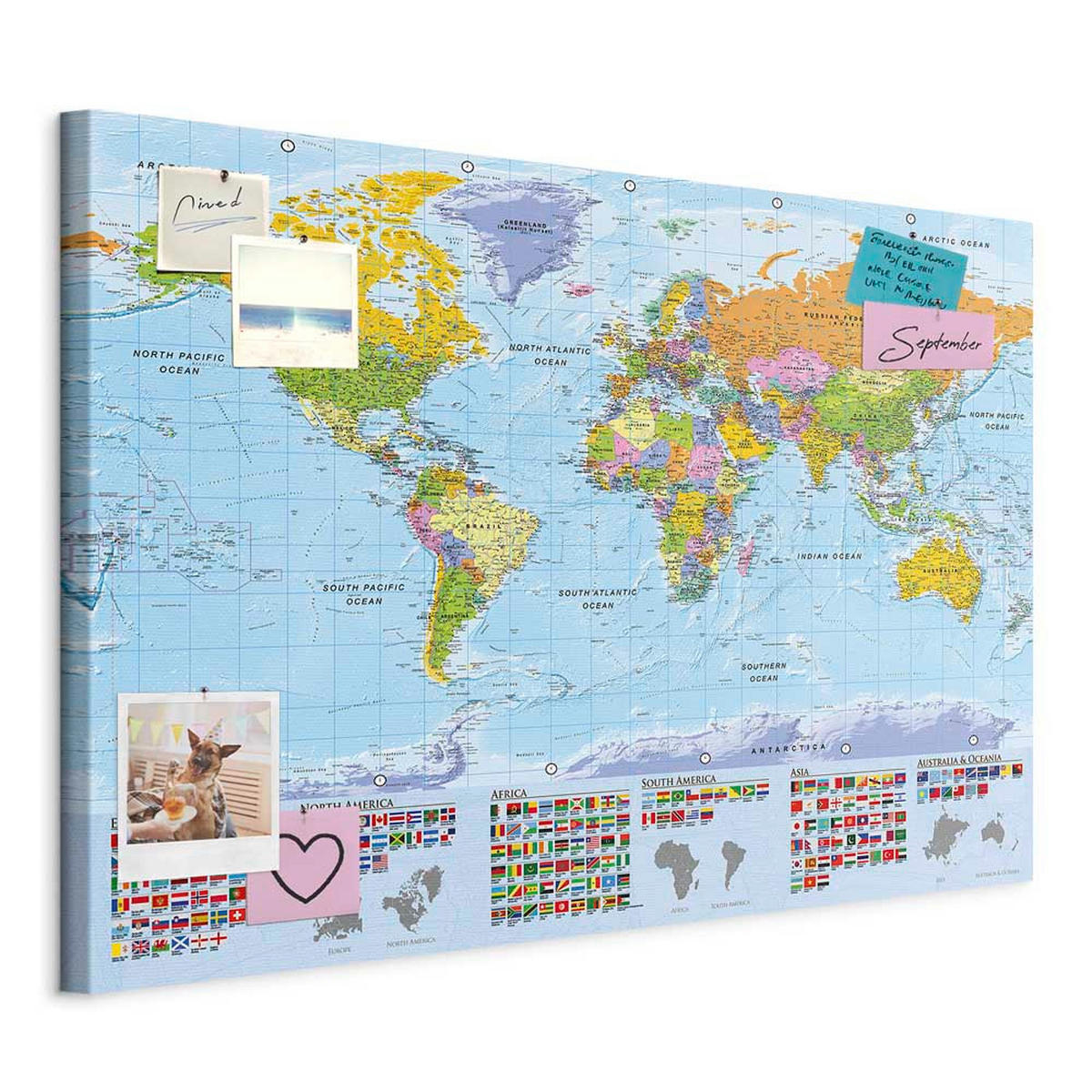 PINNWANDTAFEL Weltkarte mit Flaggen Englisch 90x60 cm - Hellblau, Holz (90/60cm) - artgeist