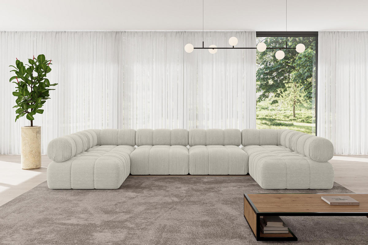 WOHNLANDSCHAFT modulares Sofa Garvo-U2 - 380x190x70 cm Hellgrau Cord - Hellgrau, Holzwerkstoff/Textil (380/70/190cm) - ALTDECOR