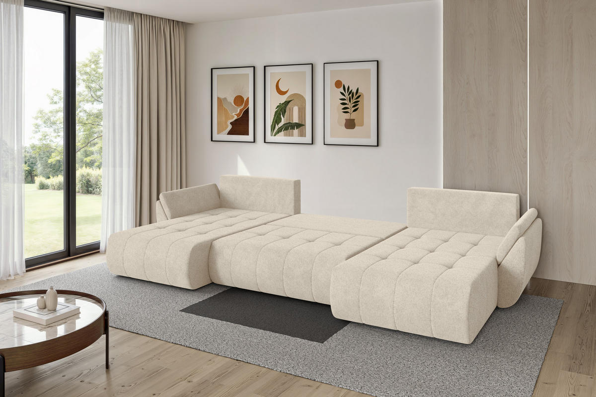 SEDACÍ SOUPRAVA DO U s funkcí spaní a úložným prostorem TOKO-U 378x194x86 krémová velur - černá/krémová, kompozitní dřevo/textil (378/86/194cm) - ALTDECOR