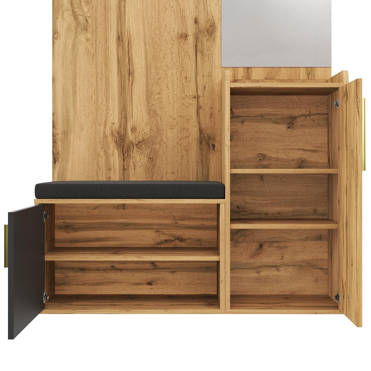 GARDEROBE mit Spiegel und Sitzbank 100 x 38 x 185 cm Eiche-Schwarz - Schwarz, Holzwerkstoff (38/185/100cm) - Beauniv