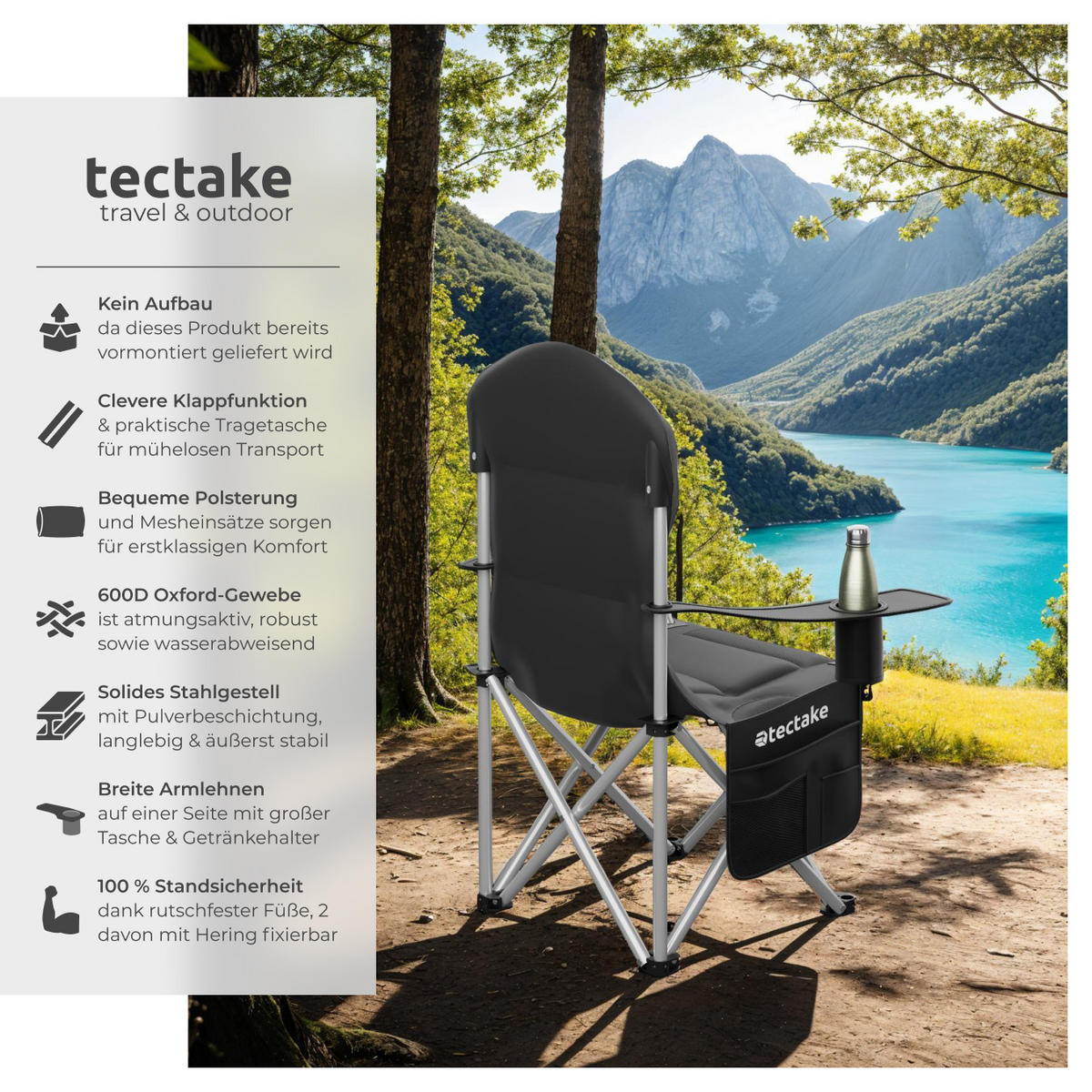 CAMPINGSTUHL 2er Set gepolstert Mtx,88,5 x 55 x 103 cm, Belastbarkeit 120 kg,schwarz - Schwarz, Textil (88.5/103/55cm) - tectake