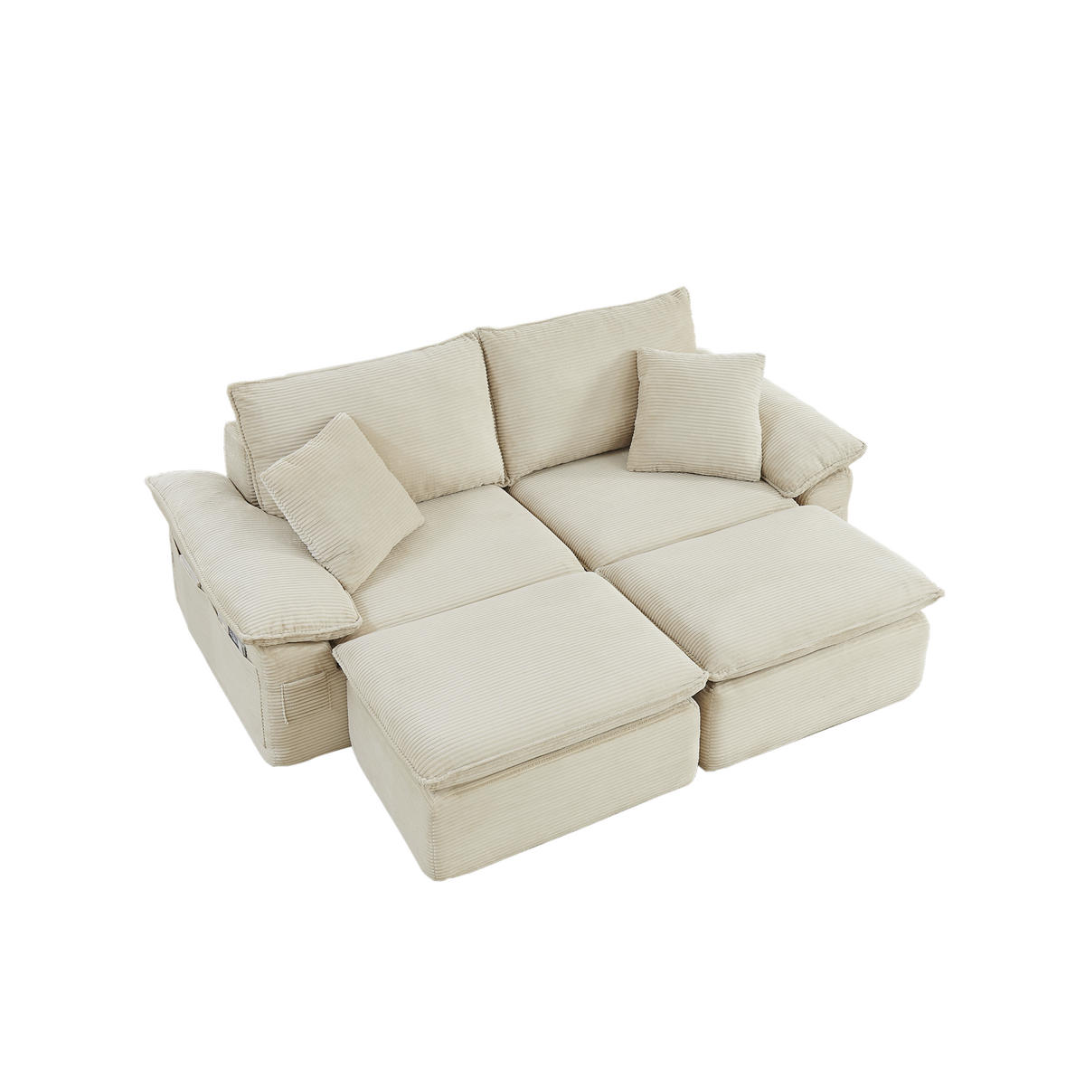 2-SITZER-BODENSOFA aus Stoff Beige ohne Montage mit Fußhocker und Aufbewahrungstaschen - Beige, Textil (156/65/206cm) - Modfu
