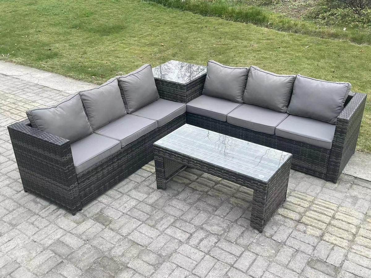 GARTENTISCHGRUPPE Polyrattan 6-Sitzer - Dunkelgrau/Grau, Glas/Kunststoff - Fimous