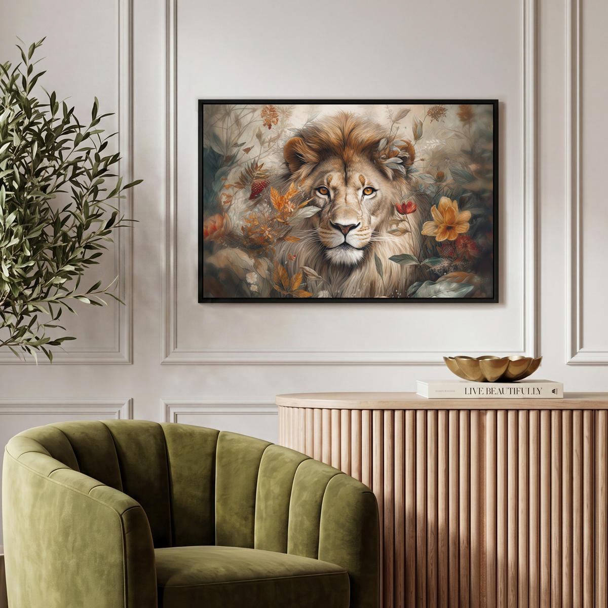 LEINWAND Bilder mit Rahmen - Löwe - Wildtiere - Pflanzen - Natur - Blumen - 60x40 - Beige, Textil (60/40cm) - MuchoWow