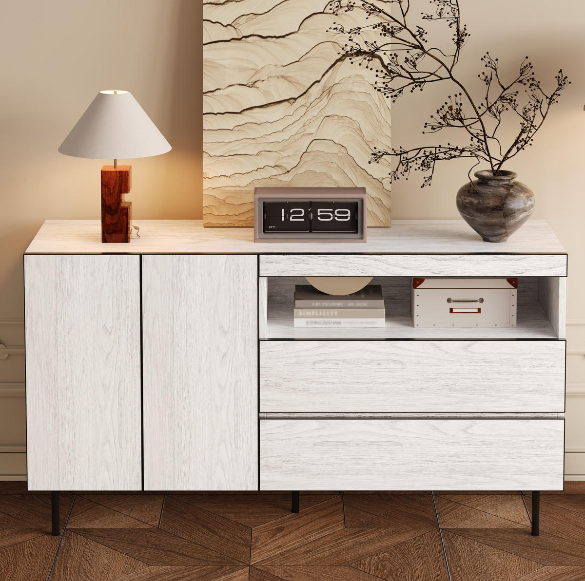 SIDEBOARD 140/42/77 cm in Weiß mit 2 Türen, 2 Schubladen und offenen Regalen - Weiß, Holzwerkstoff (140/77/42cm) - Flora Grace
