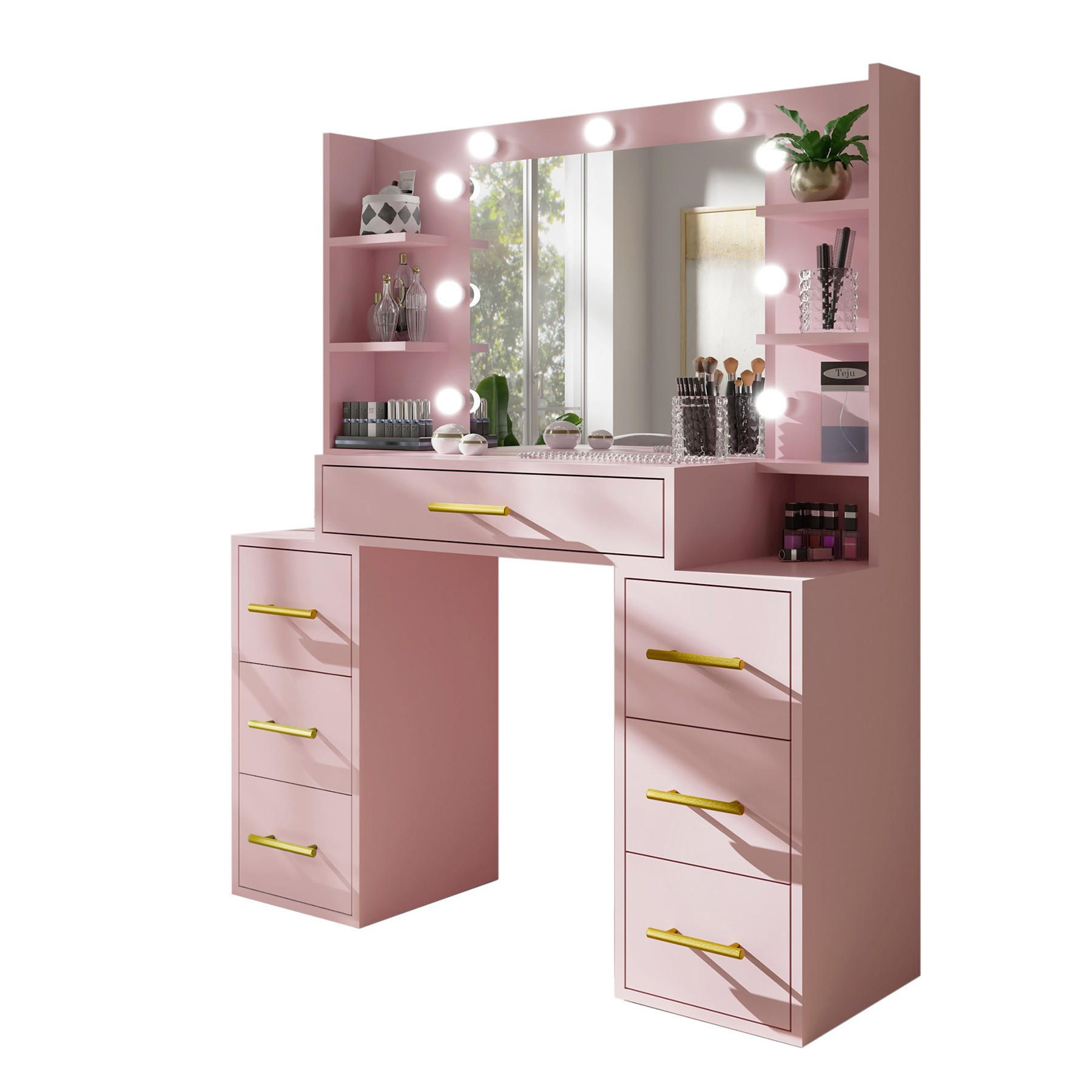 SCHMINKTISCH Star Pink, mit Spiegel und Beleuchtung - Pink/Rosa, Glas/Holzwerkstoff (110/140/40cm) - Bettso