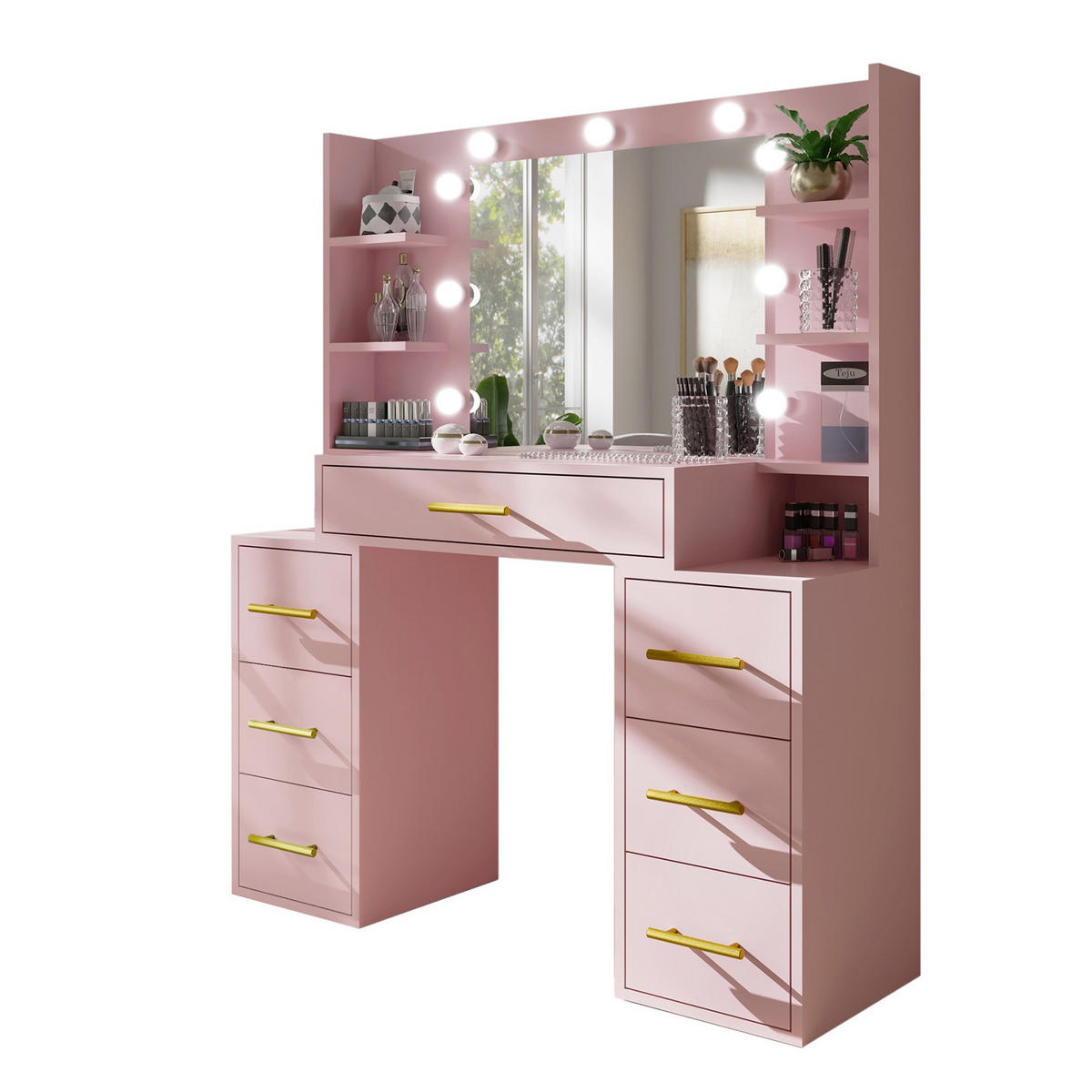 SCHMINKTISCH Star Pink, mit Spiegel und Beleuchtung - Pink/Rosa, Glas/Holzwerkstoff (110/140/40cm) - Bettso