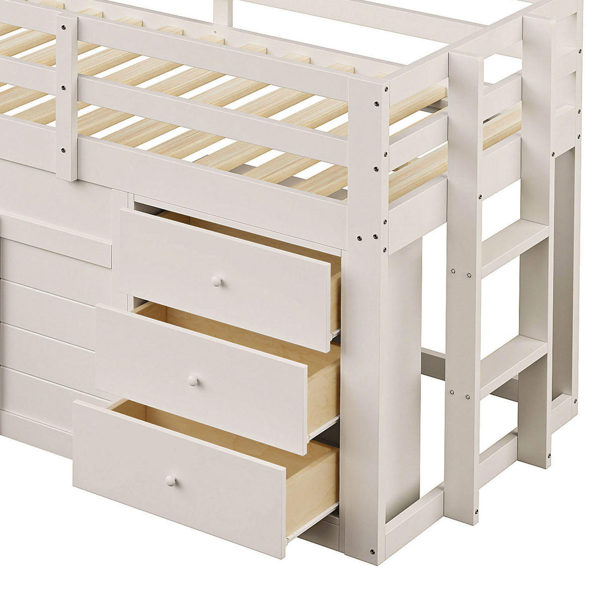 GORNJI krevet od borovine i MDF-a 90x200 cm krem s toboganom, 3 ladice i 2 vrata - bijela, drvni materijal (90/200cm) - Modfu