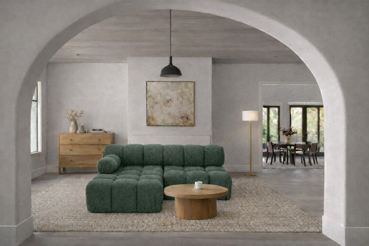 ECKSOFA L-Form Mini II Modular, Bouclé-Stoff Abriamo, Dunkelgrün, Links, Selia - Dunkelgrün, Holz (190/160cm) - Kaiser Möbel