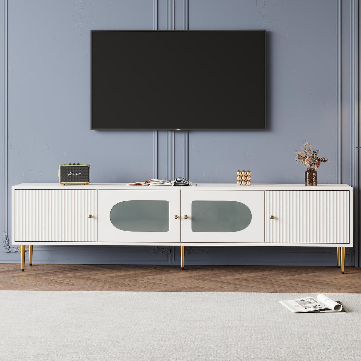 TV-ELEMENT in Weiß TV-Lowboard mit Glastüren, Rillenfront und goldfarbenen Details für Wohnzimmer, B170/T35/H50 cm - Weiß, Holzwerkstoff/Metall (170/50/35cm) - STILVORA