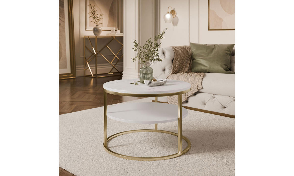 COUCHTISCH CIRI SLIM MAT Ø60/41 cm gebürstetes Gold / Marmor levanto - Goldfarben/Weiß, Holzwerkstoff/Metall (60/60/41cm) - Lookway