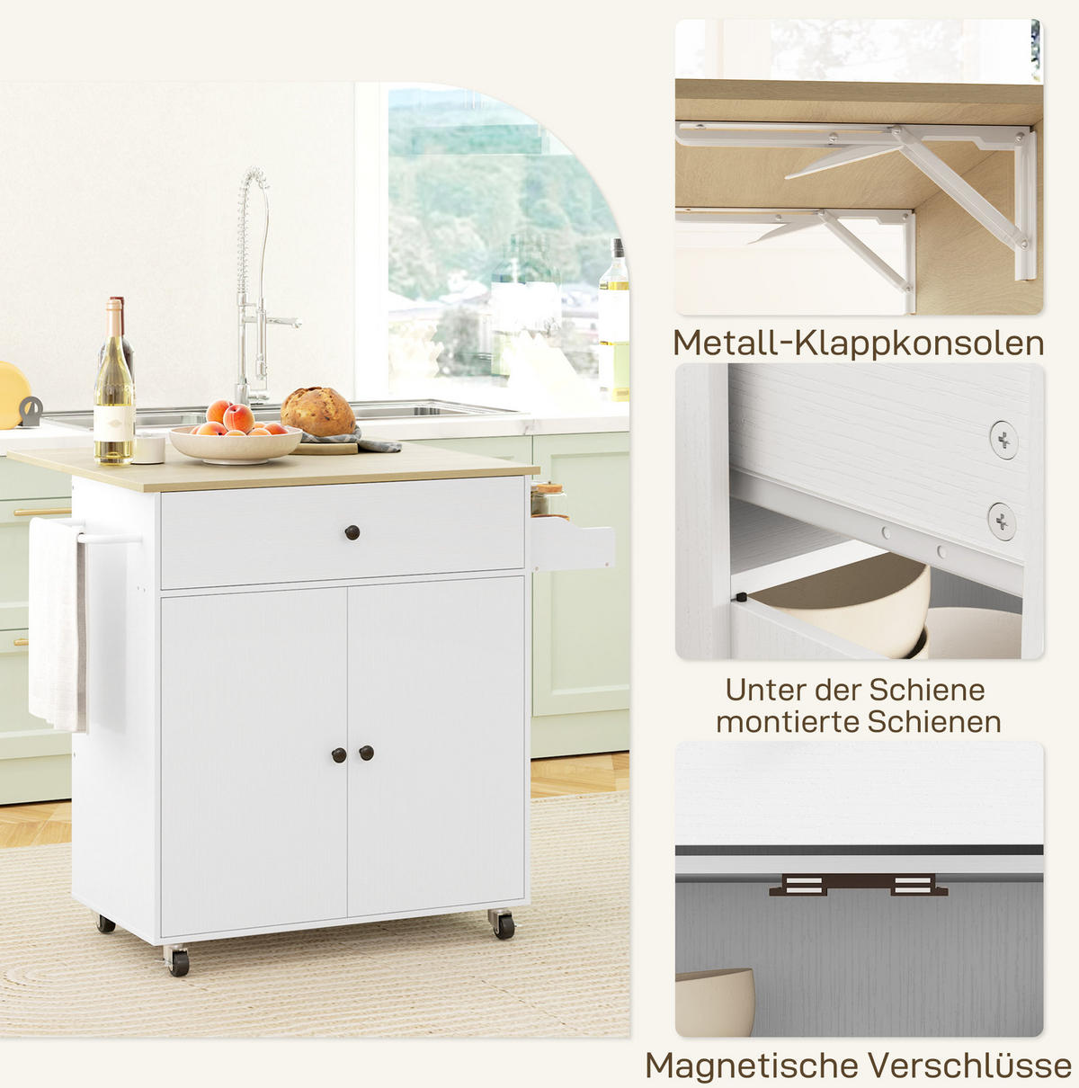 KÜCHENROLLWAGEN faltbar 106x42x87cm Weiß mit ausklappbarer Platte & Schublade - Weiß, Holzwerkstoff (106/87/42cm) - Modfu