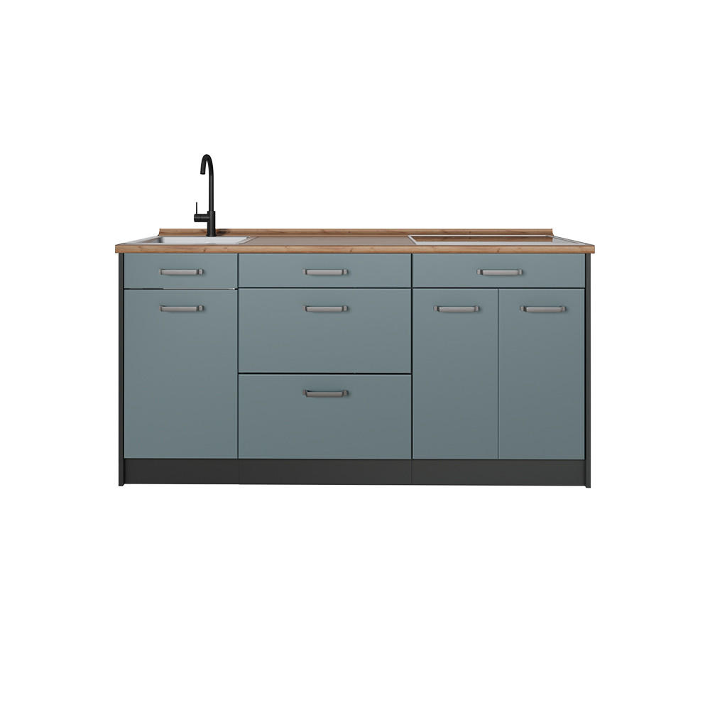 KÜCHENBLOCK R-Line, Blau-Grau/Anthrazit, 160 cm Arbeitsplatte Goldkraft Eiche - Anthrazit/Blaugrau, Holzwerkstoff (160/81.6/60cm) - Vicco