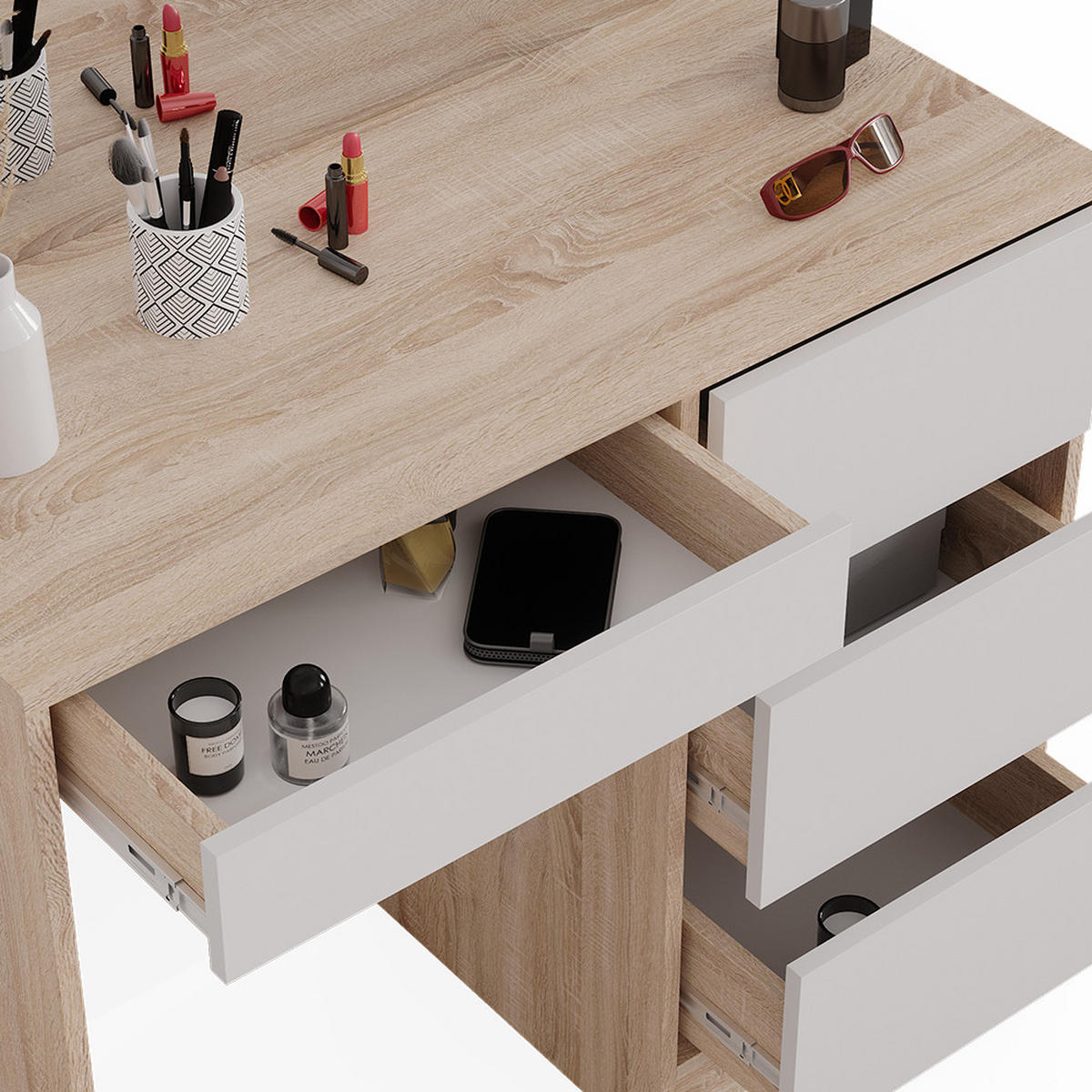 SCHMINKTISCH-SET Sherry Sonoma 90 cm mit Hocker - Weiß/Sonoma Eiche, Holzwerkstoff (90/75/40cm) - Vicco