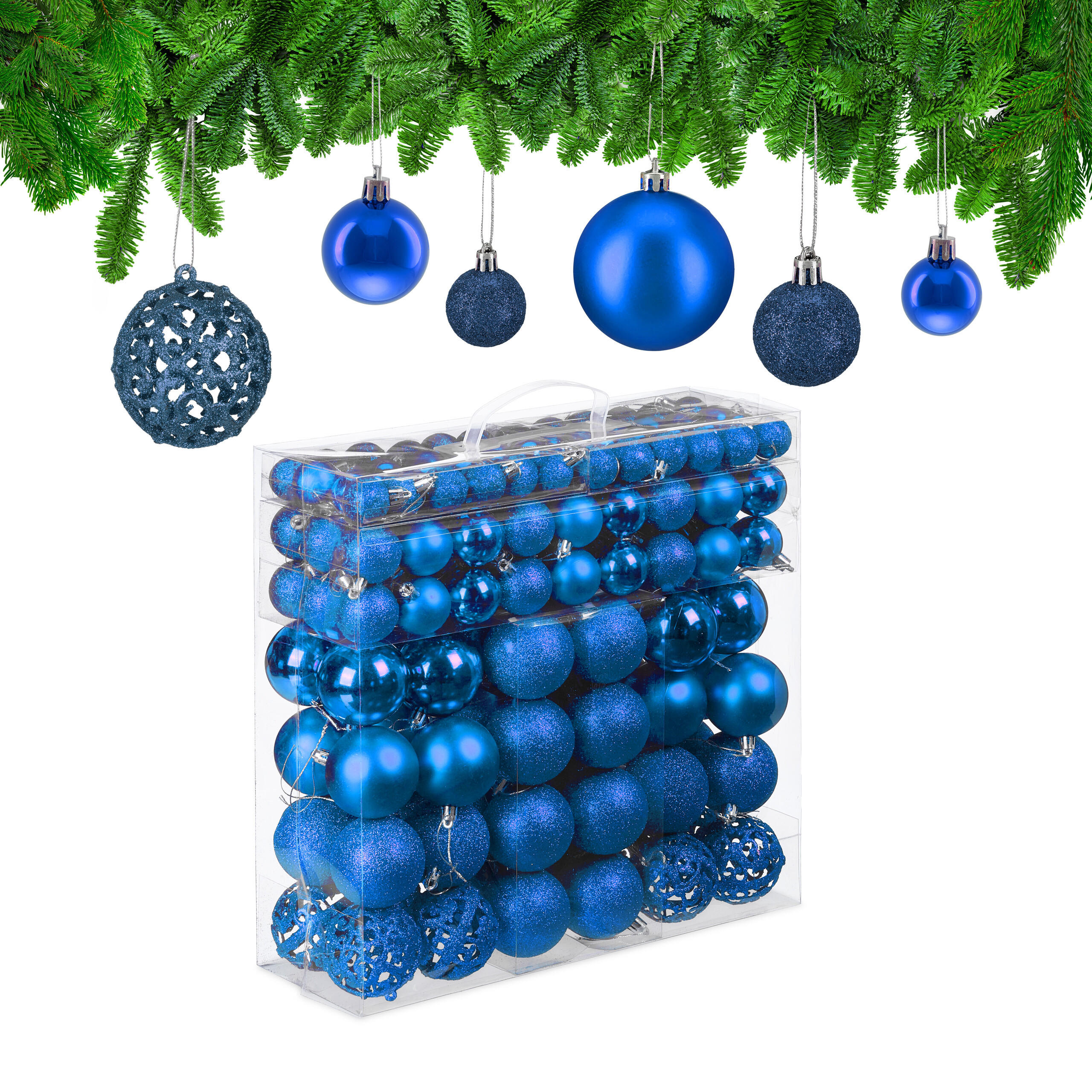 WEIHNACHTSKUGELN-SET 150-tlg. - Blau, Kunststoff (6/7/6cm) - Relaxdays