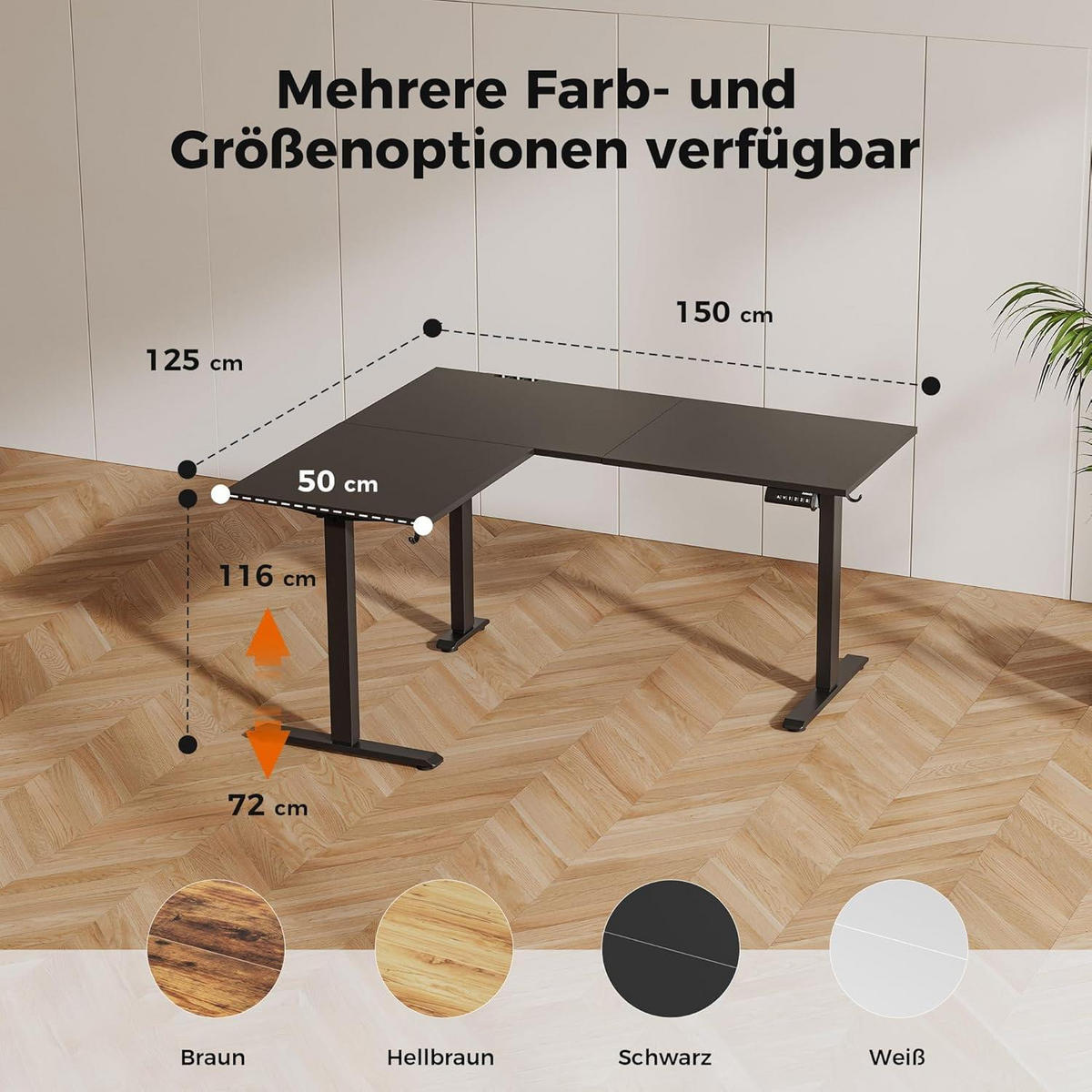 SCHREIBTISCH L-förmig höhenverstellbar Schwarz 150 x 125 cm - Schwarz, Metall (150/60/75cm)