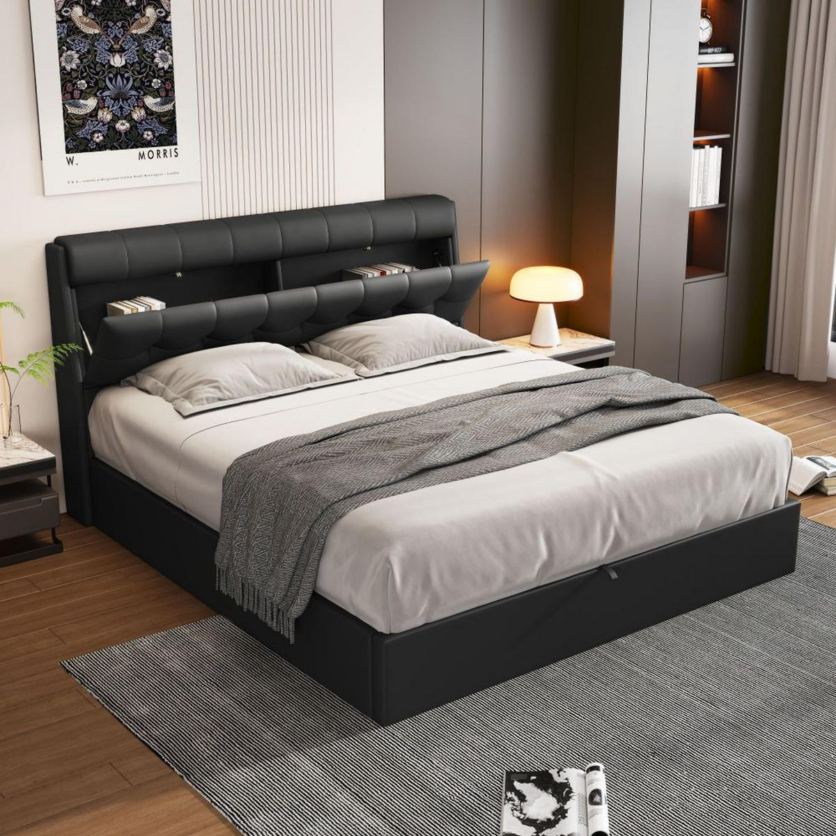 POLSTERBETT 140/200 cm in Schwarz PU mit Lattenrost - Schwarz, Holz/Textil (140/200cm) - KOMHTOM