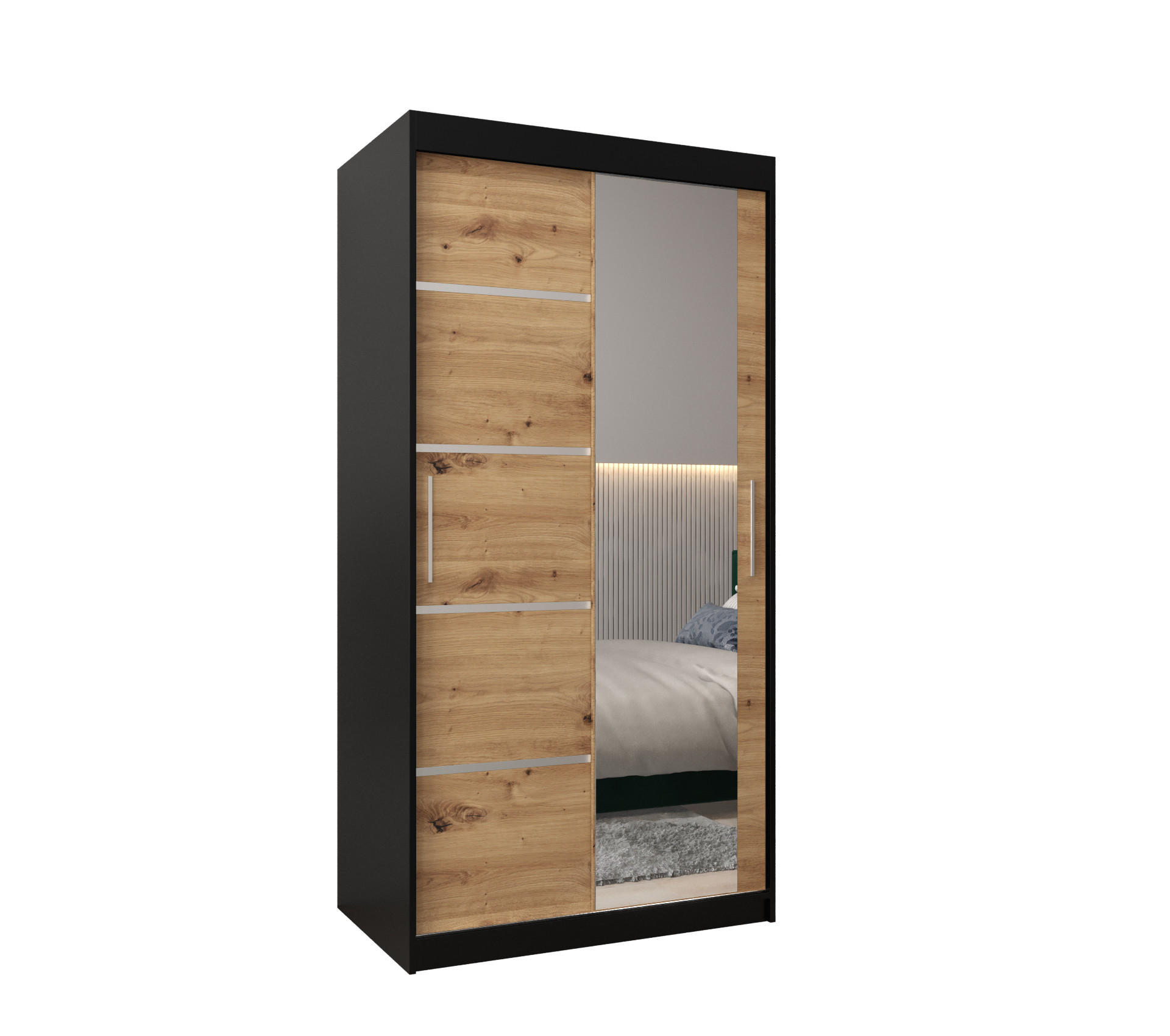 Abiks Möbel Schwebetürenschrank Schwarz, Eiche Artisan, Silber 100x200x62 cm