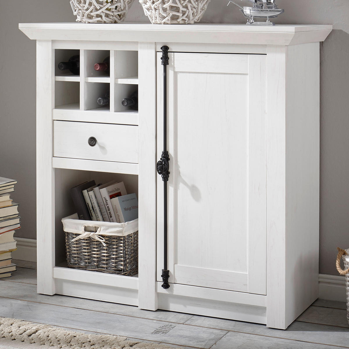 KOMMODE Pinie weiß Landhaus 105 cm, Anrichte mit Weinregal - Schwarz/Weiß, Holzwerkstoff/Metall (105/100/45cm) - Furn.Design