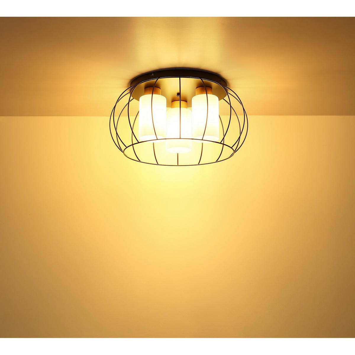 DECKENLEUCHTE ROWENA Metall Schwarz Matt, Holz Eiche - Schwarz, Holz (50/50/25cm) - Globo Lighting