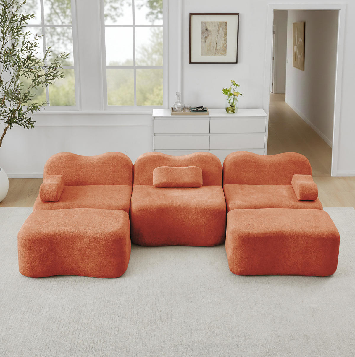 ECKSOFA 288/167/70 cm modular Orange aus Samt mit tiefer Sitzfläche und 2 Hockern - Orange, Textil (167/288cm) - OKWISH
