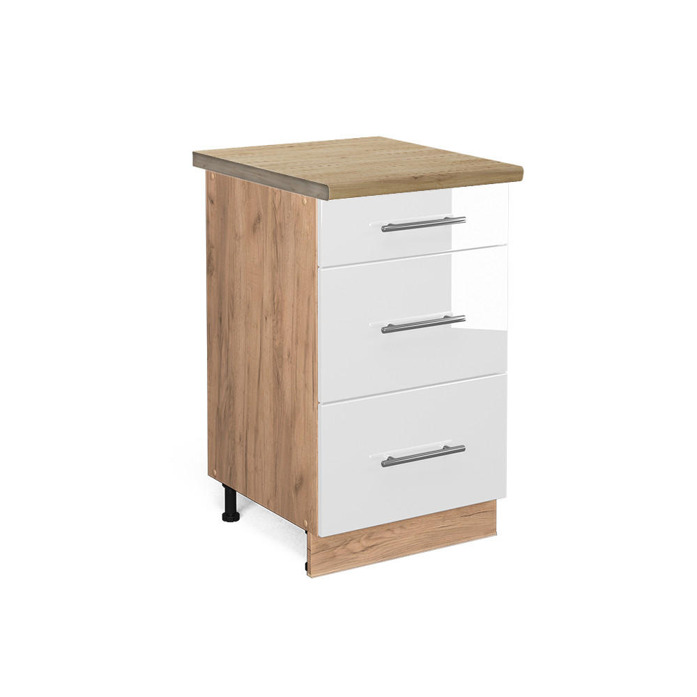 KÜCHENUNTERSCHRANK Fame-Line Weiß Hochglanz 50 cm, AP Eiche - Weiß Hochglanz/Eiche Wotan, Holzwerkstoff (50/82/60cm) - Vicco