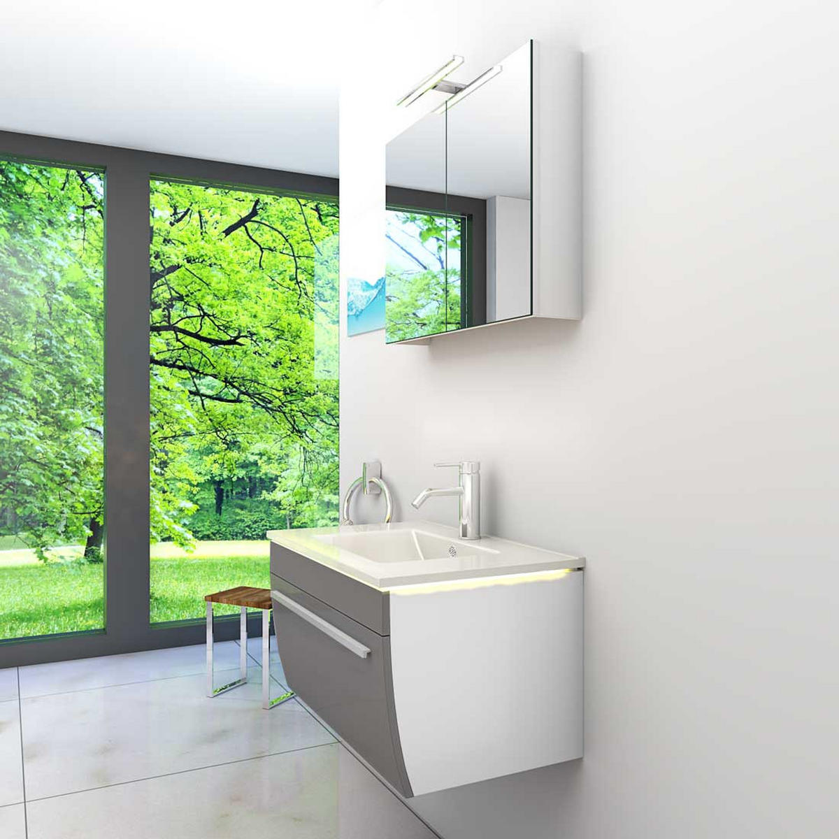 BADMÖBEL Set Gently 3 V1 Weiß/Grau MDF Waschtisch 70cm JA mit 1x 5W LED-Strahler - Grau, Glas/Kunststoff (46/52/60cm) - AcquaVapore by Sandra Jentho