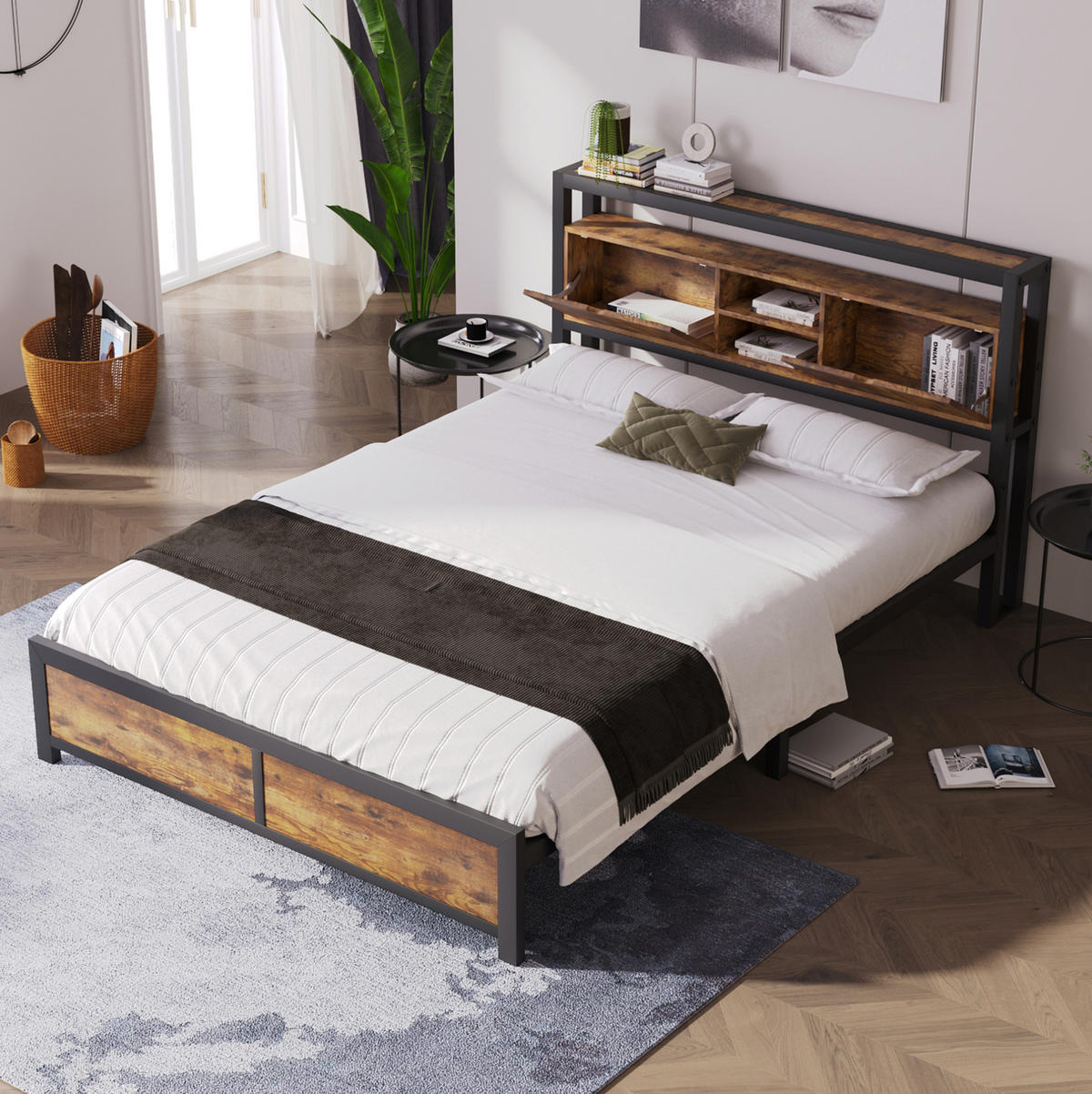 METALLBETT 140/200 cm Natur aus Metall und MDF mit Stauraum-Kopfteil - Naturfarben, Metall (140/200cm) - OKMYHOME