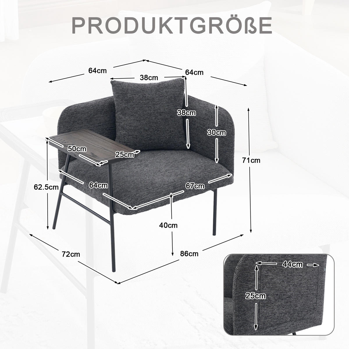 SESSEL 86/72/71 cm in Dunkelgrau mit Beistelltisch und Seitentaschen - Dunkelgrau, Textil (86/71/72cm) - BEAOK