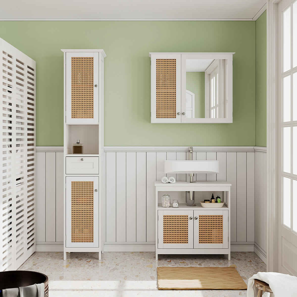 BADSCHRANK Rosario Weiß 32 x 170 cm mit 2 Türen und Schublade - Weiß, Holzwerkstoff (32/170/30cm) - Vicco